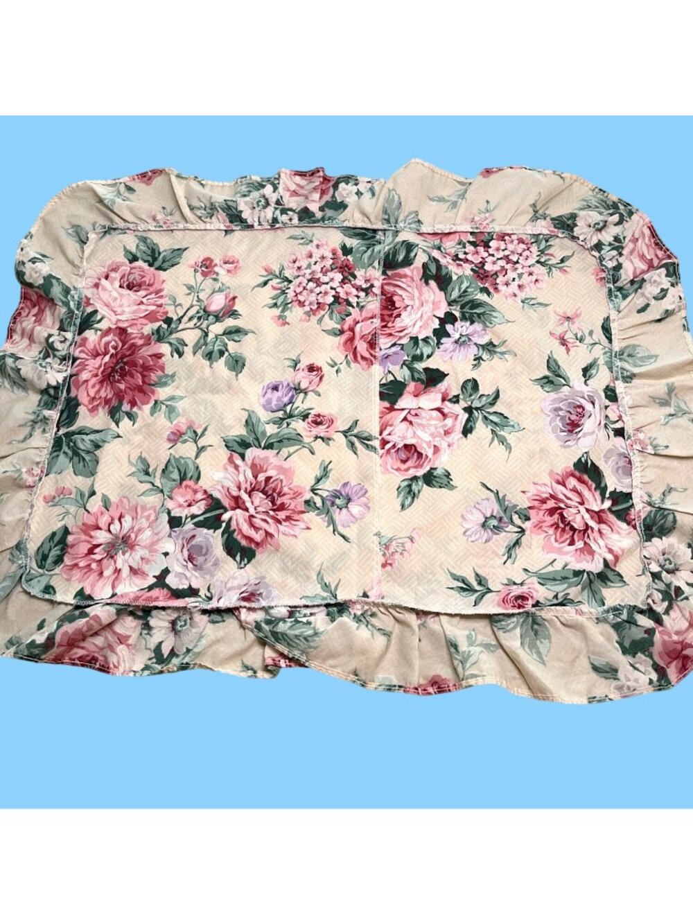 VTG Shabby Chic Cottagecore Floral Ruffled Pillow Sham Pink Cabbage Rose Flower - Picture 3 of 8